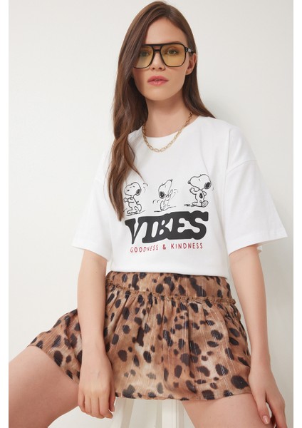 Leopar Desenli Şifon Şort Etek Bej LHC0001