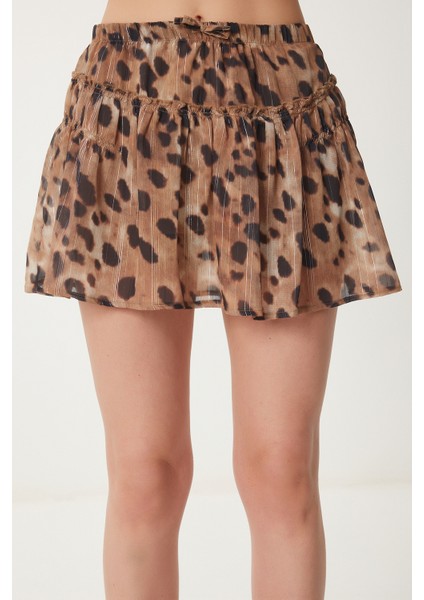 Leopar Desenli Şifon Şort Etek Bej LHC0001