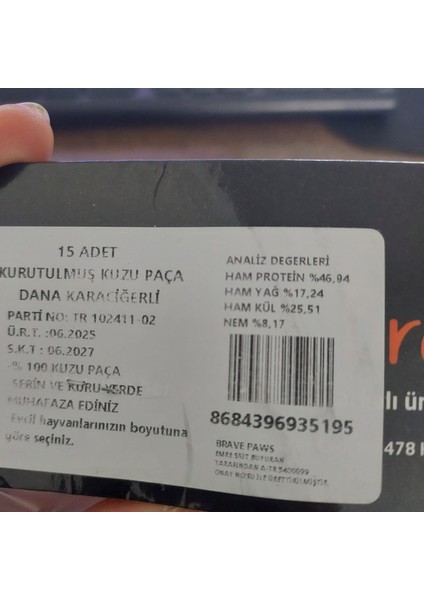 Kurutulmuş Kuzu Paça Dana Ciğerli 15 Adet