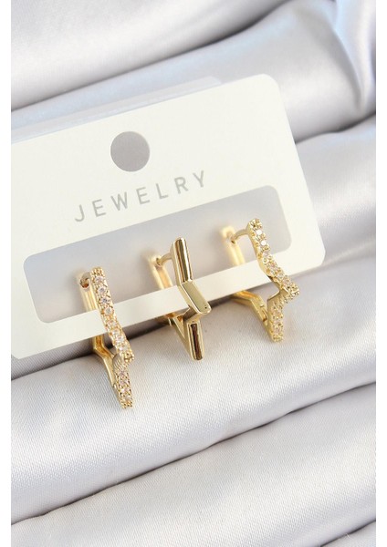 Pirinç Zirkon Taşlı Yıldız Model Gold Renk 3'lü Çift Kadın Küpe Set
