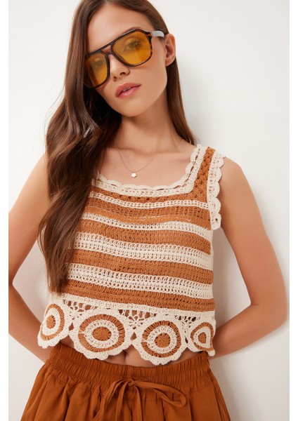 Ajurlu Yazlık Crop Triko Bluz Kiremit Krem LQS0015