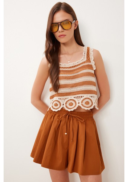 Ajurlu Yazlık Crop Triko Bluz Kiremit Krem LQS0015
