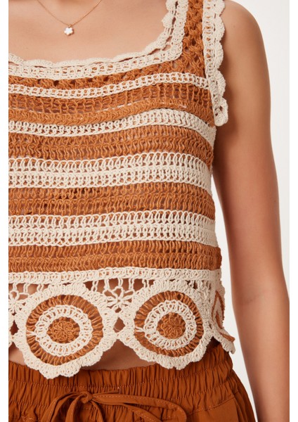 Ajurlu Yazlık Crop Triko Bluz Kiremit Krem LQS0015