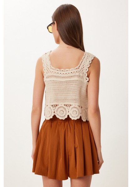 Ajurlu Yazlık Crop Triko Bluz Kiremit Krem LQS0015