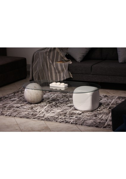 Modern Orta Sehpa & Top Sehpa Cam Sehpa & Küre Orta Sehpa - 1 Pleksi Top & 1 Beyaz Zar - Oval - Şeffaf Cam fiyatları