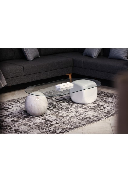 Modern Orta Sehpa & Top Sehpa Cam Sehpa & Küre Orta Sehpa - 1 Pleksi Top & 1 Beyaz Zar - Oval - Şeffaf Cam modelleri
