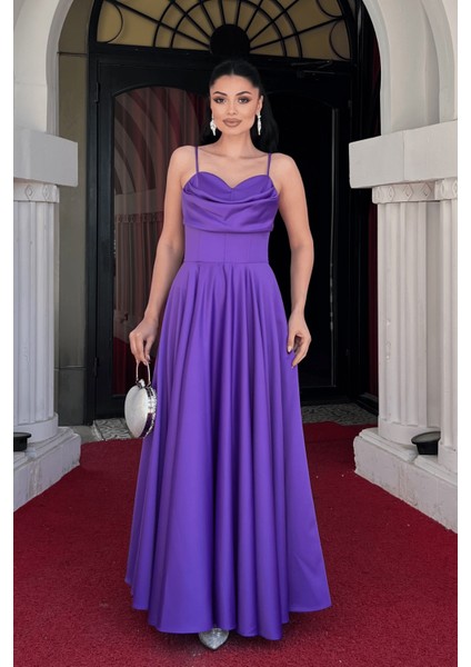 Saten Kumaş Balen Detaylı Degaje Yaka Elbise - Mor