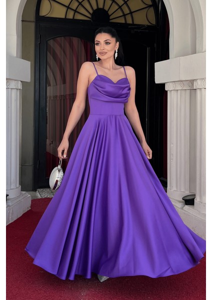 Saten Kumaş Balen Detaylı Degaje Yaka Elbise - Mor fiyatları