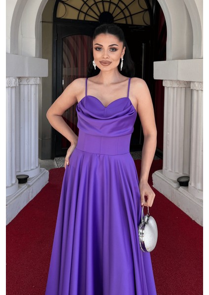 Saten Kumaş Balen Detaylı Degaje Yaka Elbise - Mor modelleri