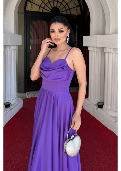 Saten Kumaş Balen Detaylı Degaje Yaka Elbise - Mor fırsatları