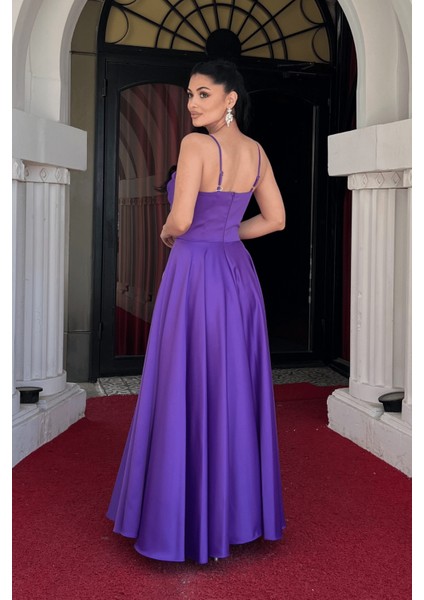 Saten Kumaş Balen Detaylı Degaje Yaka Elbise - Mor indirimleri