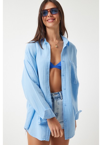 Oversize Basic Müslin Gömlek Gök Mavi LMX0002