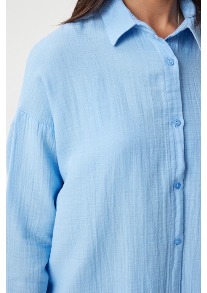 Oversize Basic Müslin Gömlek Gök Mavi LMX0002