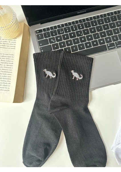 Dinazor T-Rex Nakışlı Siyah ve Beyaz Eğlenceli Yazlık Kışlık Pamuklu Unisex Tekli Çorap