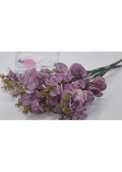 Yapay 16 Dallı Lila Islak Okaliptus Bitkisi 47 cm Vazo Saksı Dekor Süsü