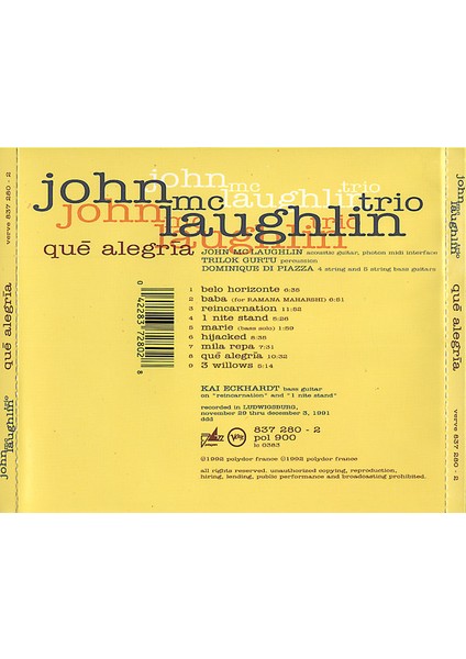 Dikkat CD John Mclaughlin Trio – Qué Alegría fiyatları