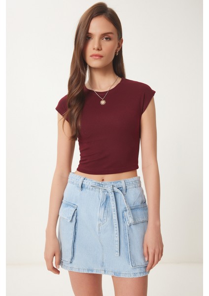 Basic Crop Örme Bluz Bordo LFW0005