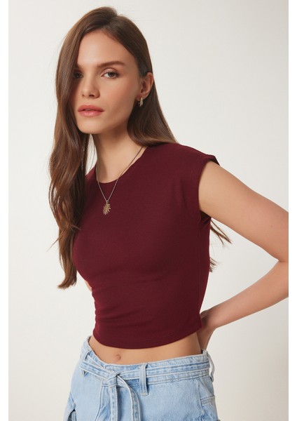 Basic Crop Örme Bluz Bordo LFW0005