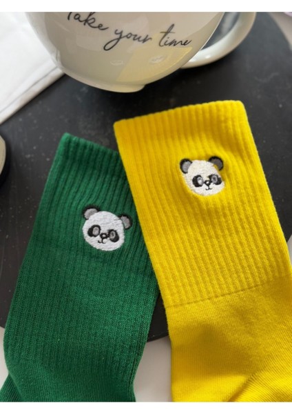 Sevimli Panda Nakışlı Pamuklu Yazlık Kışlık Yeşil Sarı Eğlenceli Soket Çorap Seti.