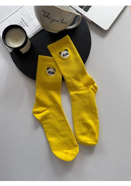Sevimli Panda Nakışlı Pamuklu Yazlık Kışlık Yeşil Sarı Eğlenceli Soket Çorap Seti. modelleri
