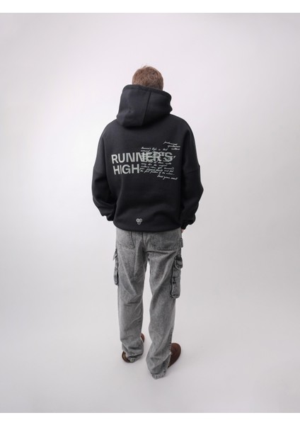 Runner's High, Siyah Oversize Kapüşonlu Sweatshirt