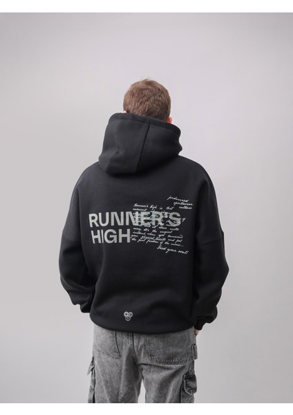 Runner's High, Siyah Oversize Kapüşonlu Sweatshirt