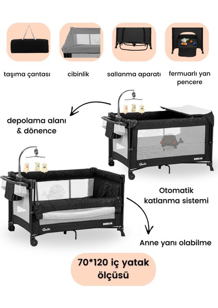 Beskar Anne Yanı Sallanır Cibinlikli Dönenceli Alt Açmalı Oyun Parkı Park Yatak Bebek Beşiği 70X120 CM