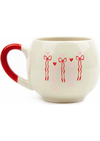 Kırmızı Kurdela Krem Parlak Balon Kupa - Hediyelik Kupa Fincan Mug