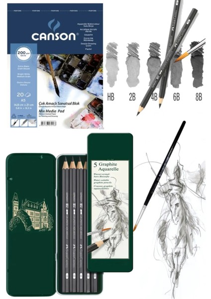 Çok Amaçlı Sanatsal Blok Mix Media Pad 200GR A5 20 Yaprak Aquarell Çizim Kalemi 5'li Metal Kutu Set