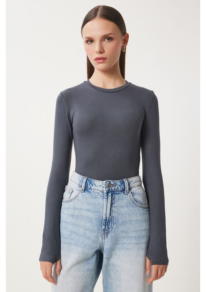 Bisiklet Yaka Basic Örme Bluz Antrasit LCR0010