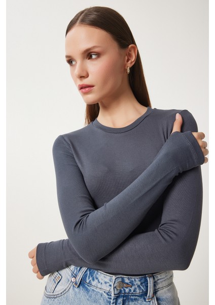 Bisiklet Yaka Basic Örme Bluz Antrasit LCR0010