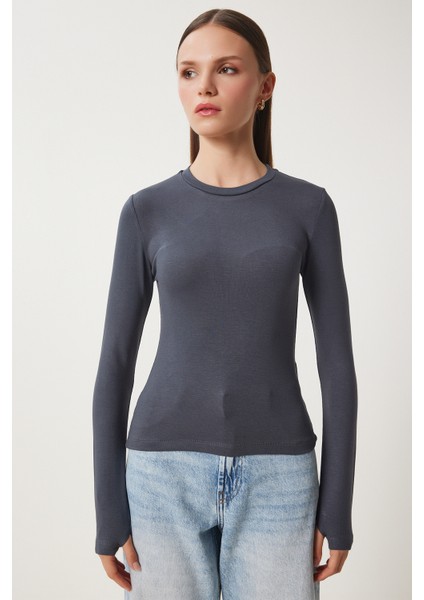 Bisiklet Yaka Basic Örme Bluz Antrasit LCR0010