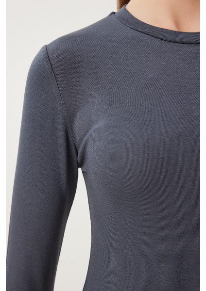 Bisiklet Yaka Basic Örme Bluz Antrasit LCR0010