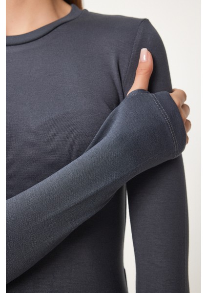 Bisiklet Yaka Basic Örme Bluz Antrasit LCR0010