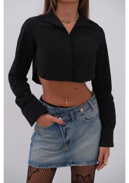 Manşet Detay Crop Siyah Gömlek modelleri