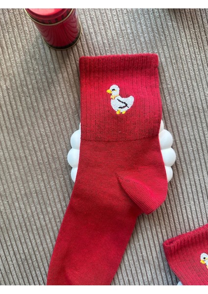 Sevimli Unisex Beyaz Ördek Nakışlı Renkli Casual Yazlık Kışlık Soket Çorap