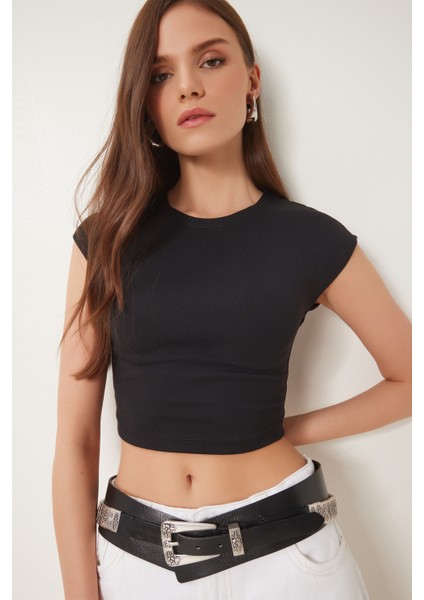 Basic Crop Örme Bluz Siyah LFW0005