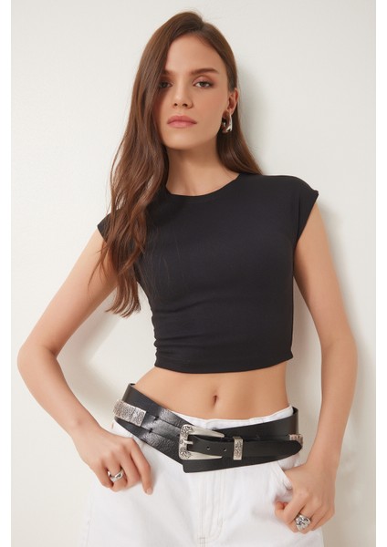 Basic Crop Örme Bluz Siyah LFW0005