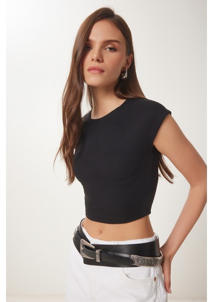 Basic Crop Örme Bluz Siyah LFW0005