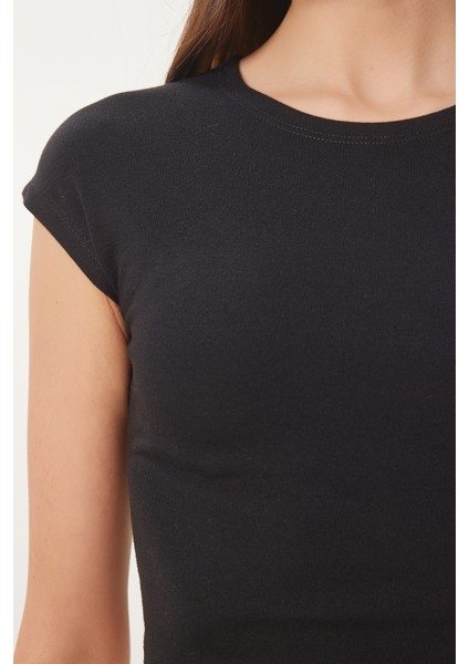 Basic Crop Örme Bluz Siyah LFW0005