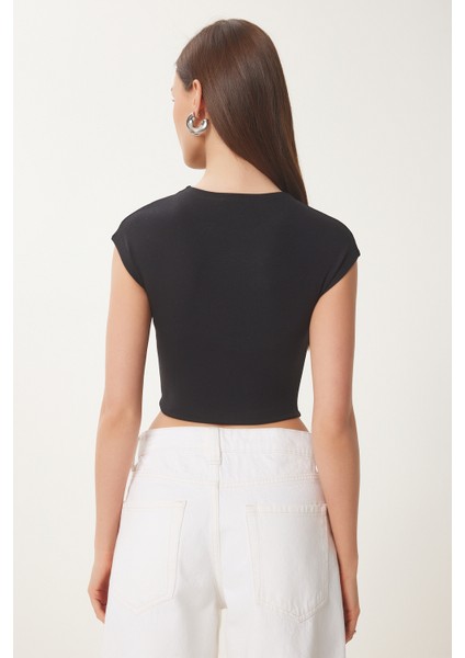 Basic Crop Örme Bluz Siyah LFW0005
