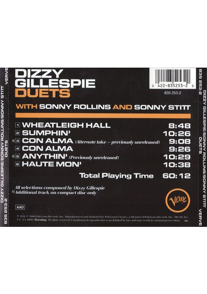 Dikkat CD Dizzy Gillespie With Sonny Rollins And Sonny Stitt – Duets