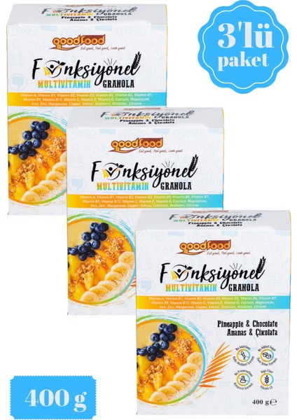 Ananaslı & Çikolatalı granola, 3'lu Paket Yüksek Lifli, Vitaminli & Mineralli, 3x400 gr