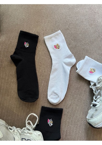 Unisex Tom ve Jery Nakışlı Pamuklu Yazlık Kışlık Siyah Beyaz Eğlenceli Jerry Soket Çorap Seti modelleri
