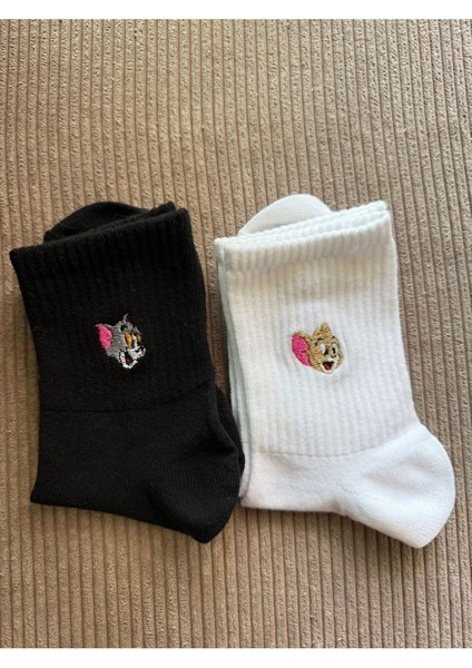 Unisex Tom ve Jery Nakışlı Pamuklu Yazlık Kışlık Siyah Beyaz Eğlenceli Jerry Soket Çorap Seti fırsatları