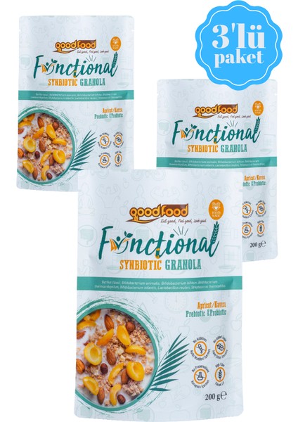 3lu Fırsat Paketi Probiyotik & Prebiyotik granola, Keten Tohumu, Kayısı ve Hurma Barı Parçacıklı, 3x200 gr