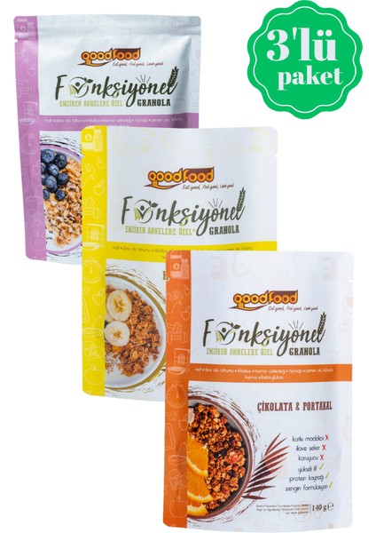Emziren Annelere Özel Malt ve 7 Özel Bitki İçeren granola, 3'lu Deneme Paketi Yaban Mersinli,çikolata & Portakallı, Hindistan Cevizi & Muzlu, 3x140 gr