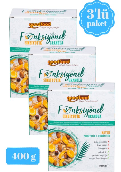 Probiyotik & Prebiyotik granola, 3'lu Paket Kayısı, Keten Tohumu, Kayısı ve Hurma Barı Parçacıklı, 3x400 gr