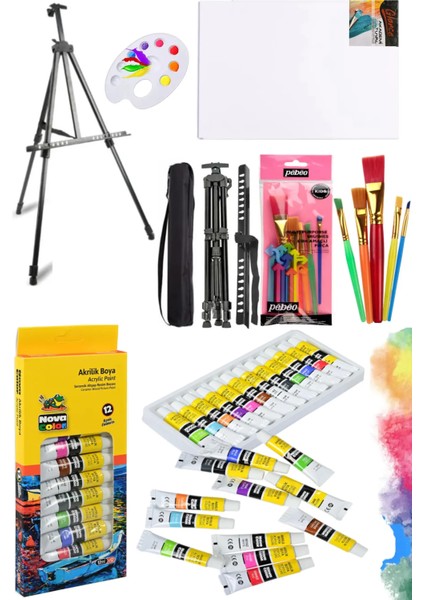 Nova Color 12 Renk Akrilik Boya Tüp 12 ml Portatif Metal Şövale Seti