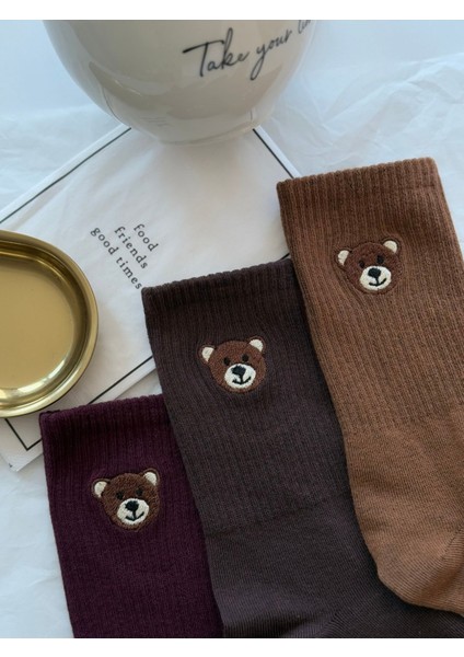 Ayı Tedy Nakışlı Sevimli Yazlık Kışlık 3 Renk Unisex 3 Çift Soket Çorap Seti